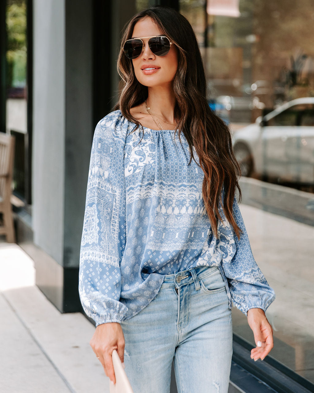 Donna Printed Cutout Top - Ash Blue - FINAL SALE