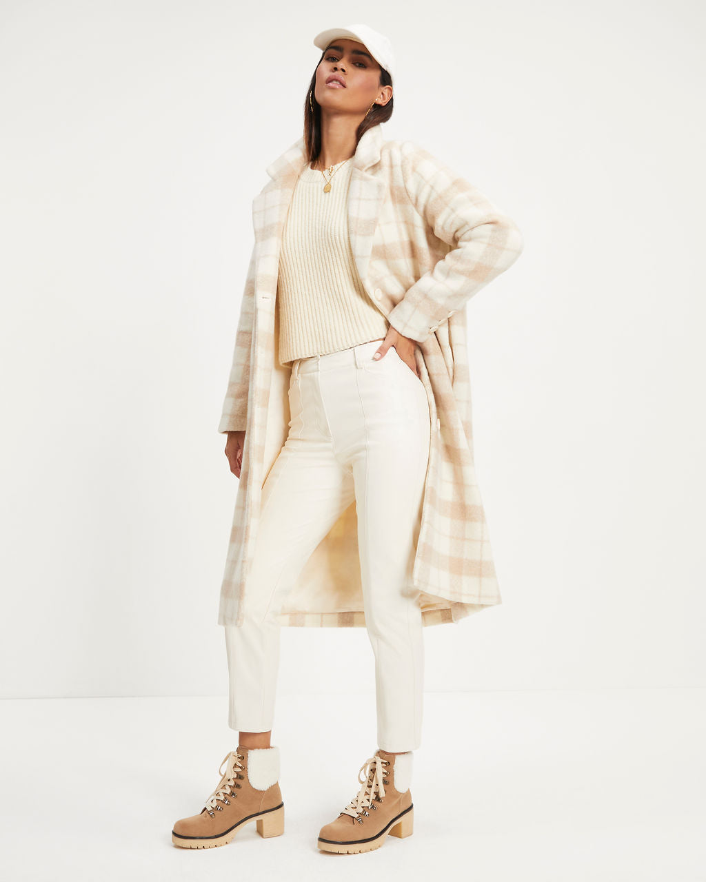 City Girl Pocketed Plaid Coat - Ivory