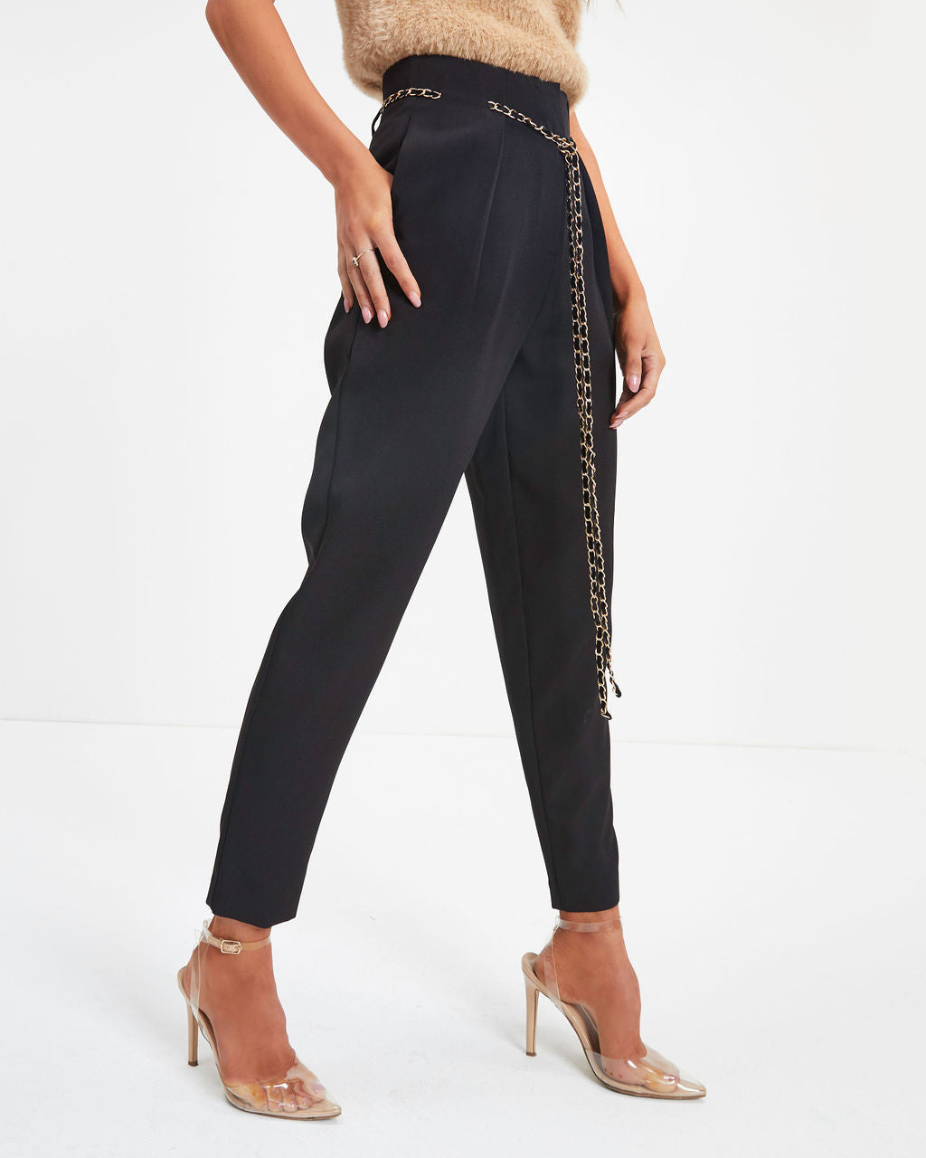 Classic Business Pocketed Chain Belt Trousers - Black