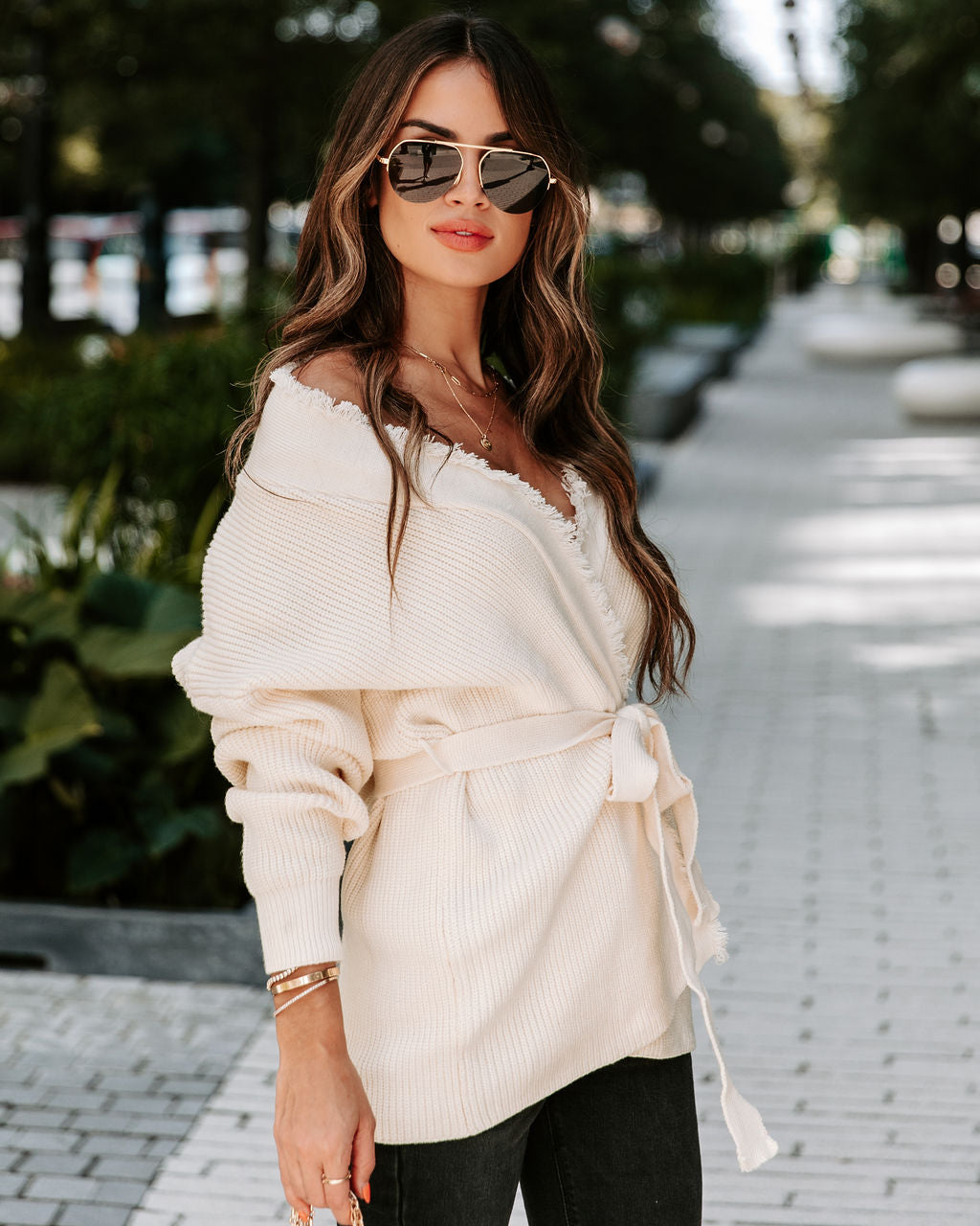 Aurelle Frayed Knit Cardigan - Cream - SALE