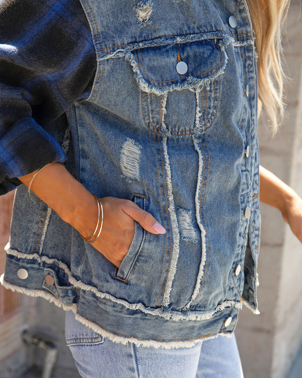Madden Cotton Distressed Denim Plaid Jacket - FINAL SALE