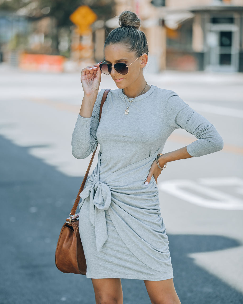 Ayda Drape Front Tie Mini Dress - Heather Grey - FINAL SALE