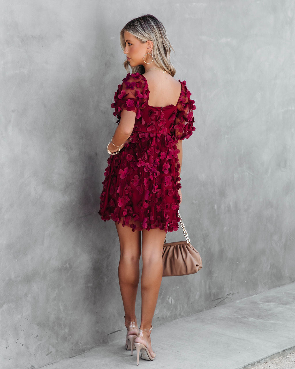 Forever Be My Always Floral Applique Tulle Babydoll Dress - Wine
