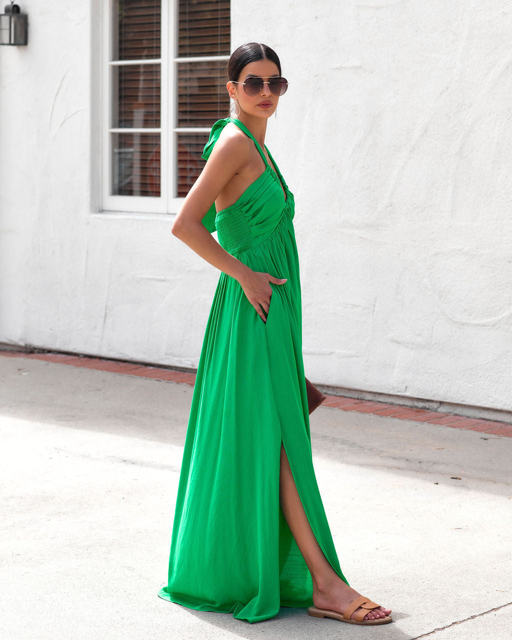 Asteria Pocketed Halter Maxi Dress - Kelly Green