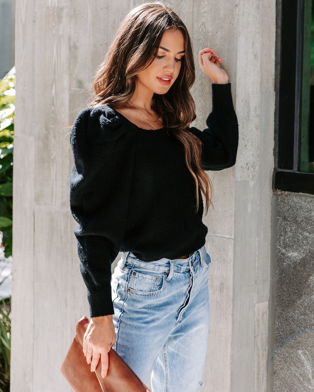 Arianna Knit Puff Sleeve Sweater - Black