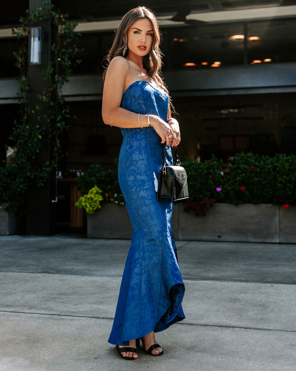 Elliana Strapless Embossed Ruffle Maxi Dress - Navy