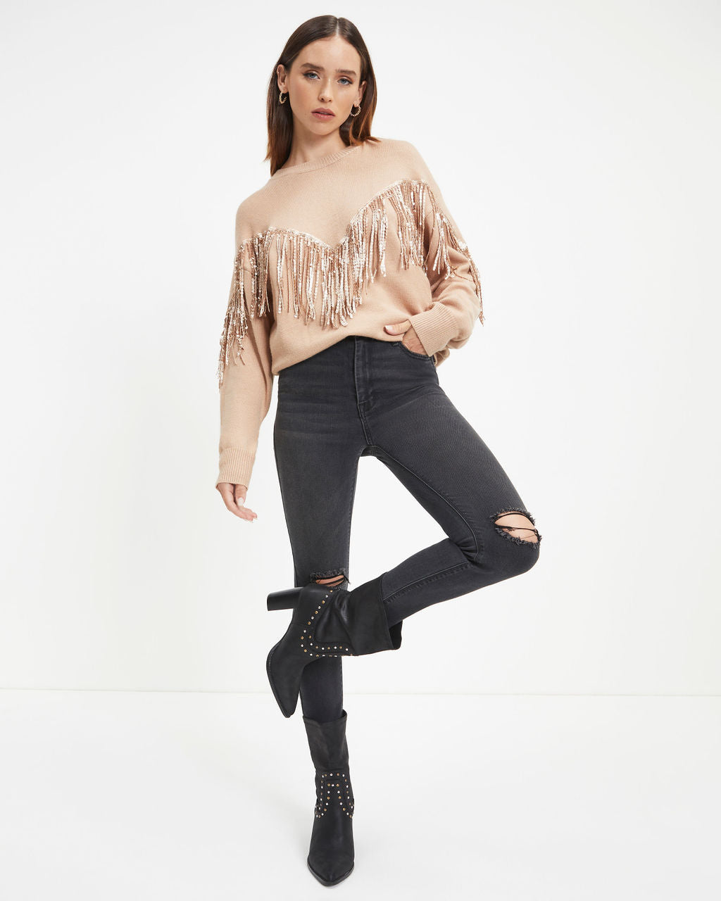 Western Glam Knit Fringe Sequin Pullover Sweater - Mocha