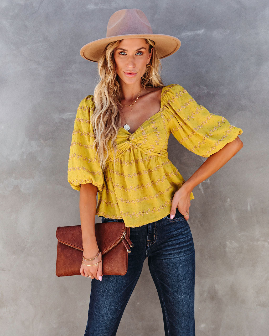 Divine Textured Puff Sleeve Top - Mustard - SALE