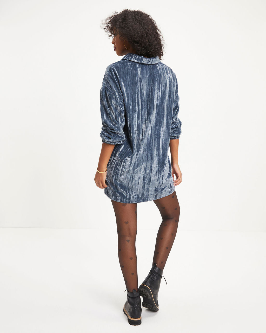 Avalina Textured Velvet Button Down Shirt Dress - Grey Blue