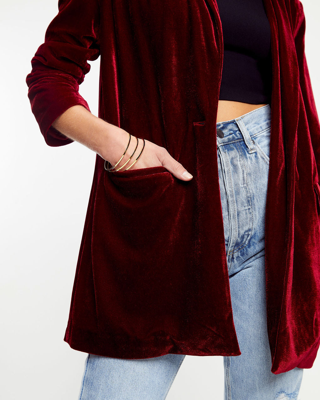 Chicest Pocketed Velvet Blazer - Ruby