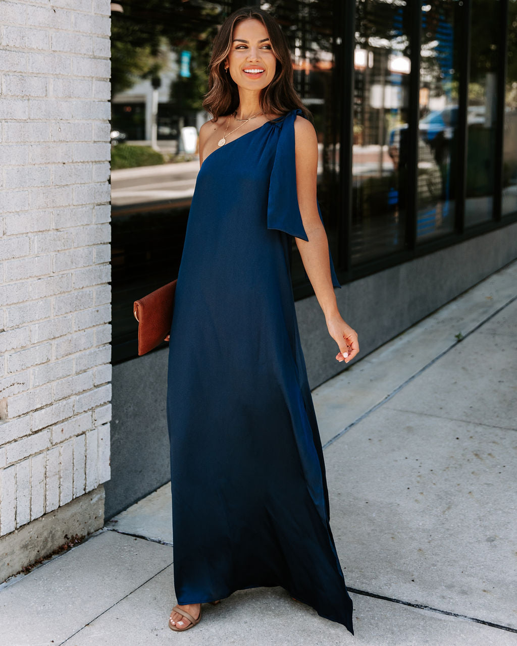 Invite Only Satin One Shoulder Maxi Dress - Navy