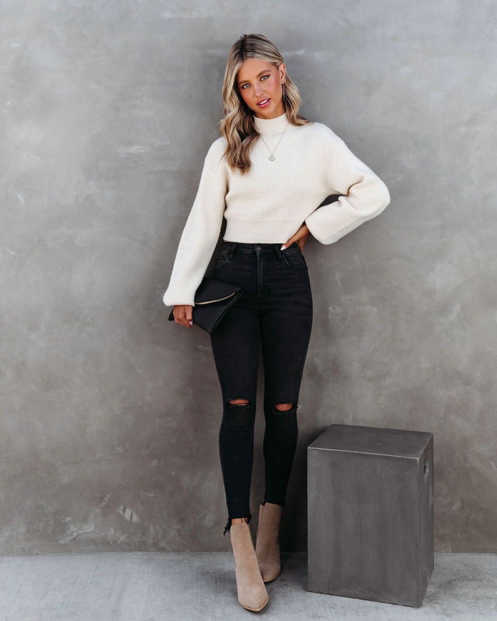 Feelings Knit Mock Neck Pullover Sweater - Cream