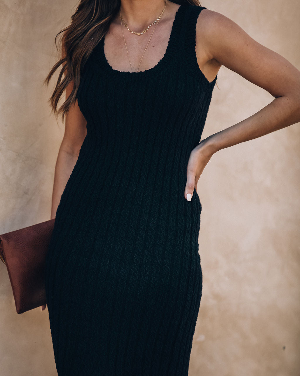 Desert Moon Cotton Ribbed Midi Dress - Black - FINAL SALE