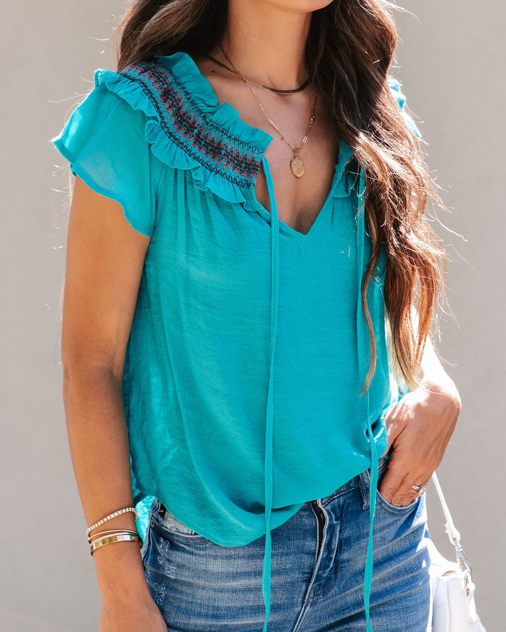 Teggo Smocked Trim Top - Teal - FINAL SALE