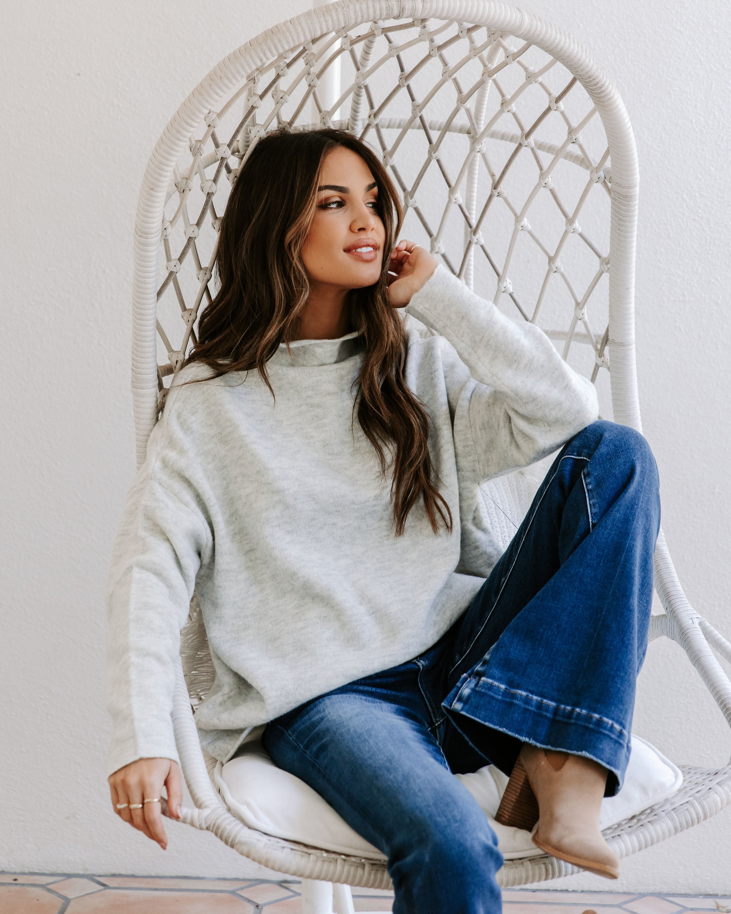 Cozy Fall Breeze Mock Knit Pullover Sweater - Heather Grey