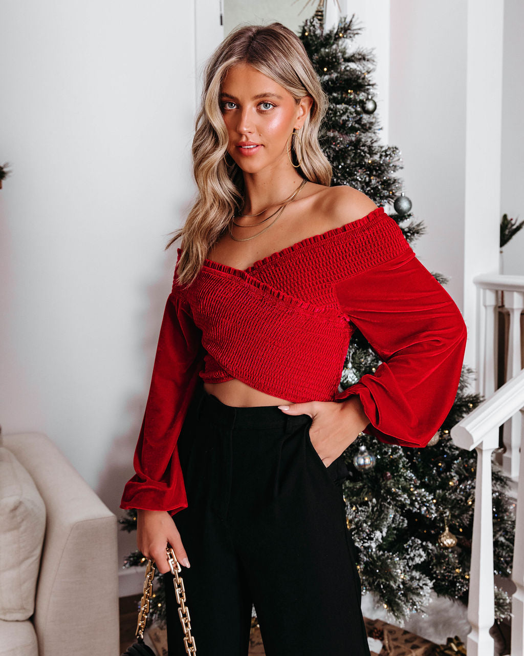 Party Perfection Smocked Velvet Crop Top - Red