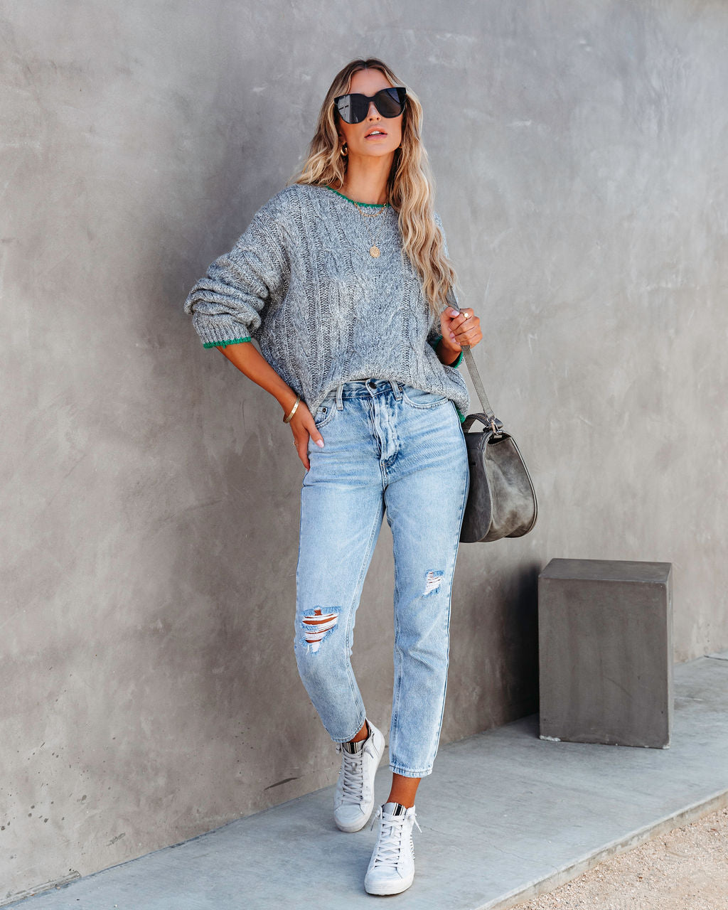 Chicago Strolls Cable Knit Sweater - Grey