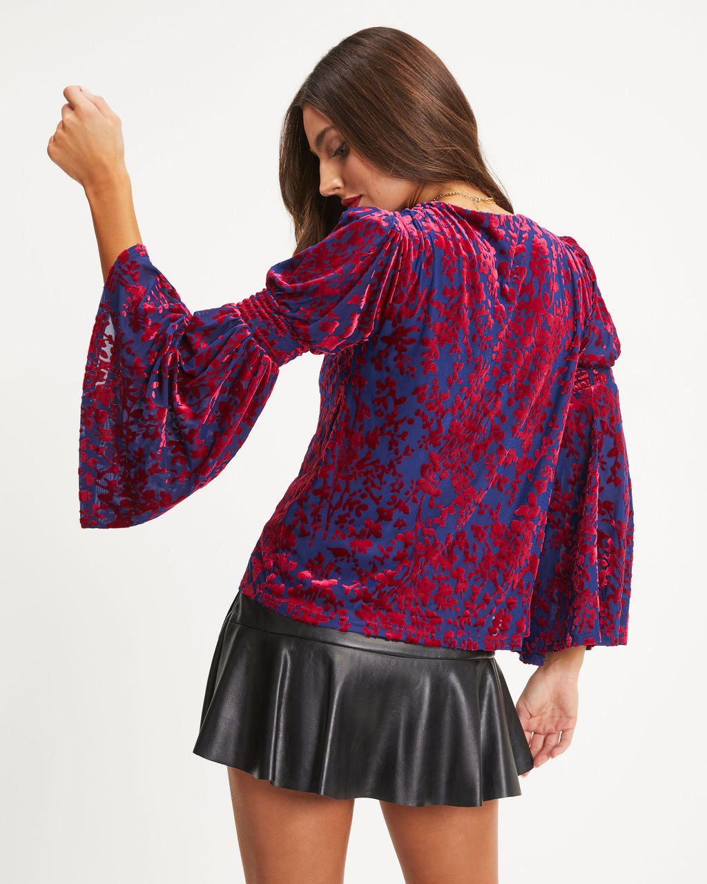 Annalisa Velvet Burnout Bell Sleeve Top - Navy