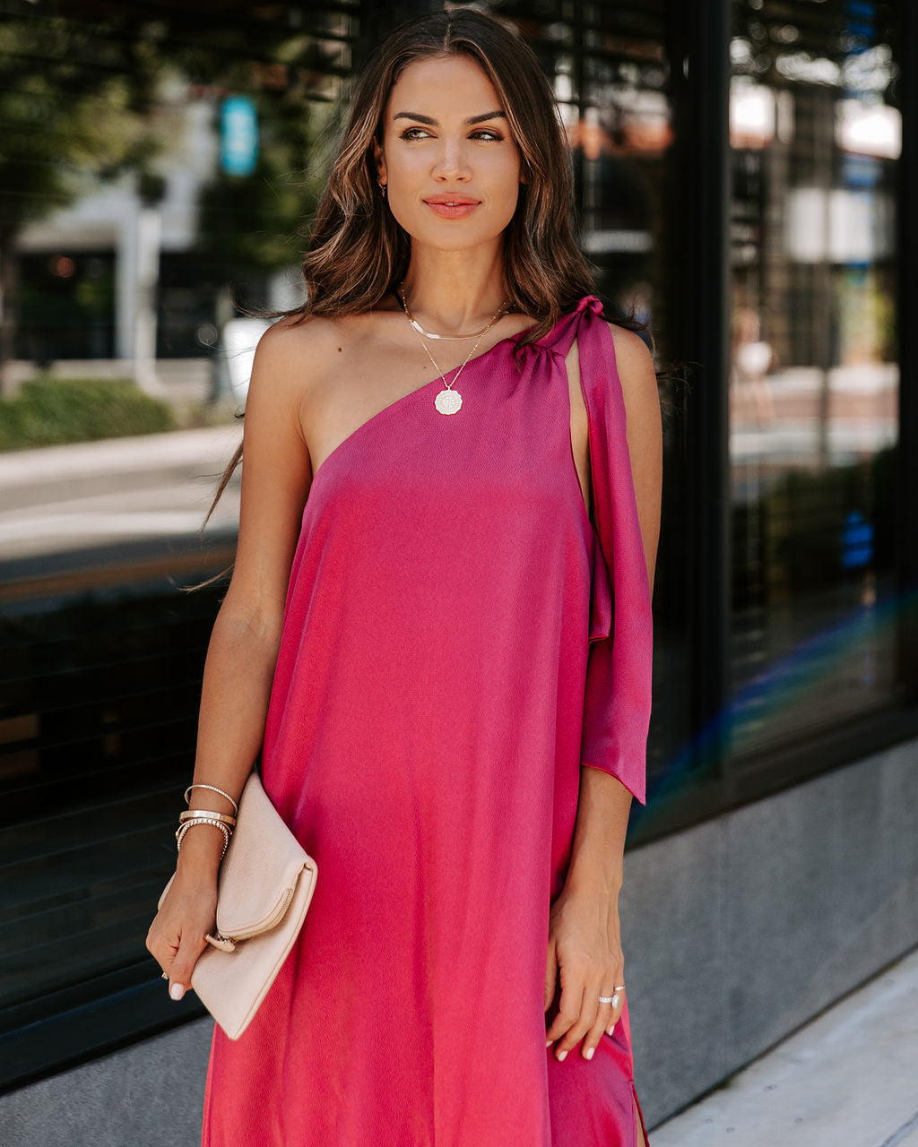 Invite Only Satin One Shoulder Maxi Dress - Burgundy