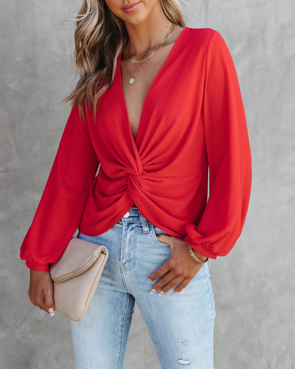 City Dreams Twisted Drape Top - Tomato Red
