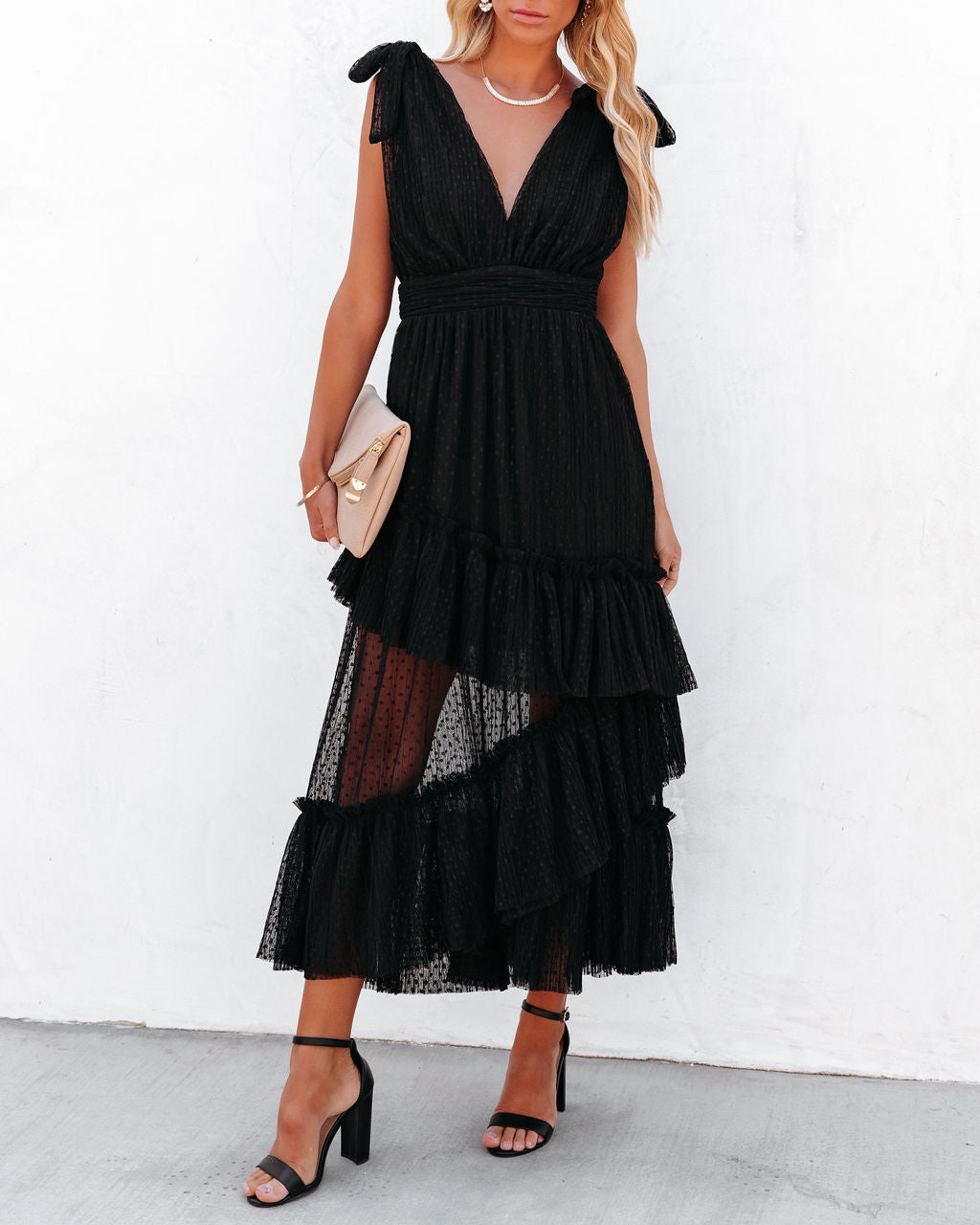 Carrie In Paris Tiered Tulle Midi Dress - Black