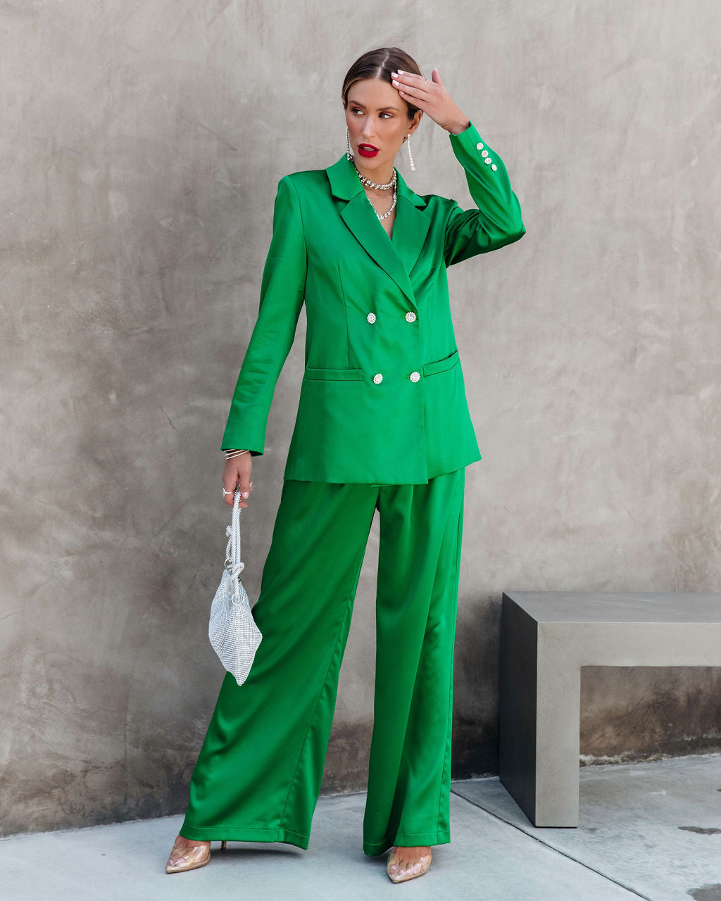 Sensational Queen Satin Embellished Pocketed Blazer - Emerald