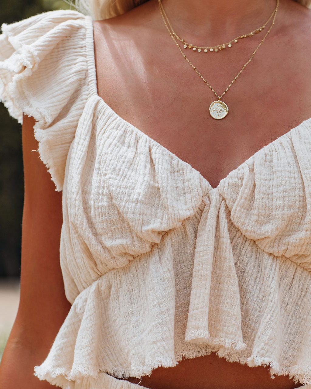 Jehana Cotton Frayed Crop Babydoll Top - Beige - FINAL SALE