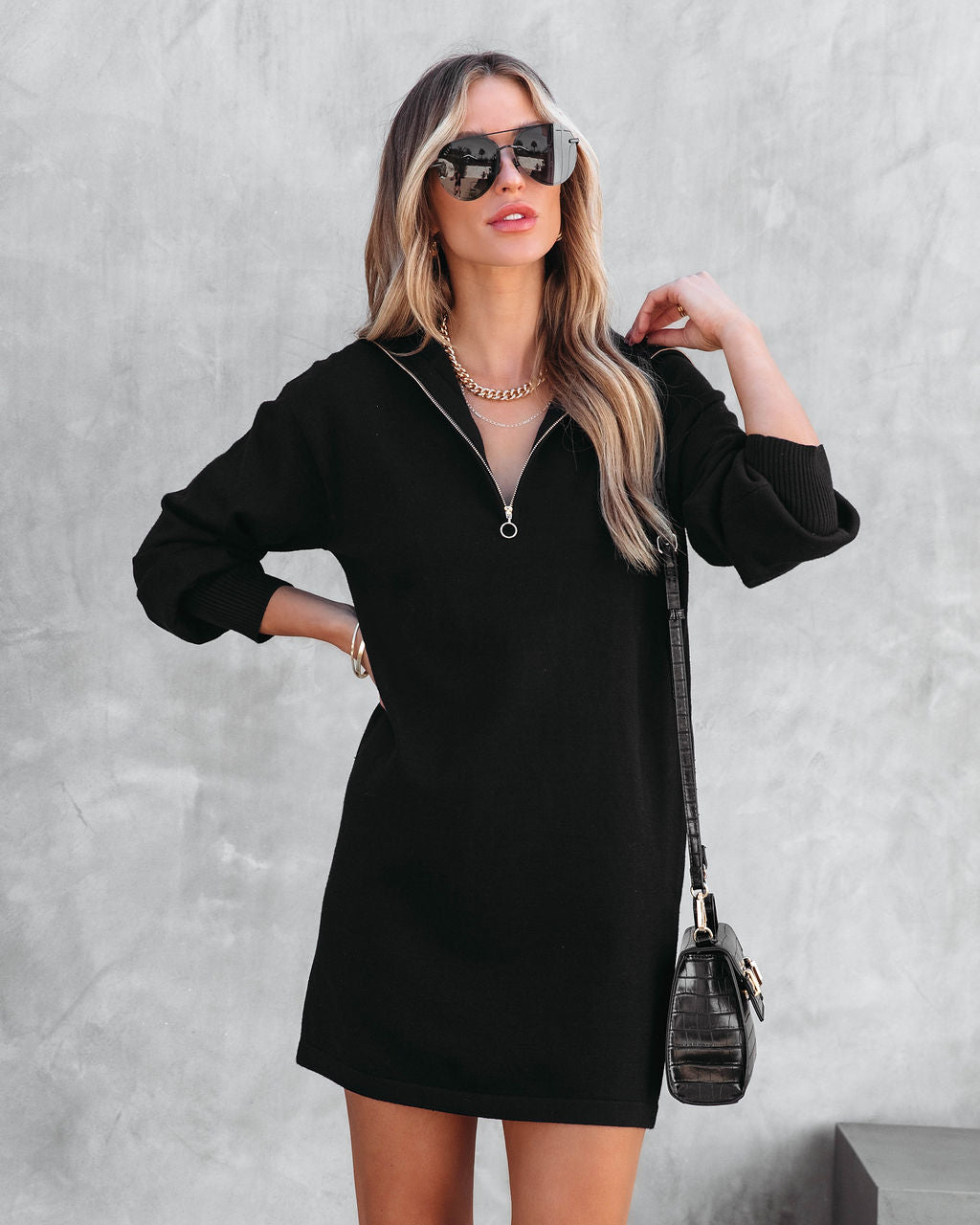 Practical Luxe Knit Half Zip Sweater Dress - Black