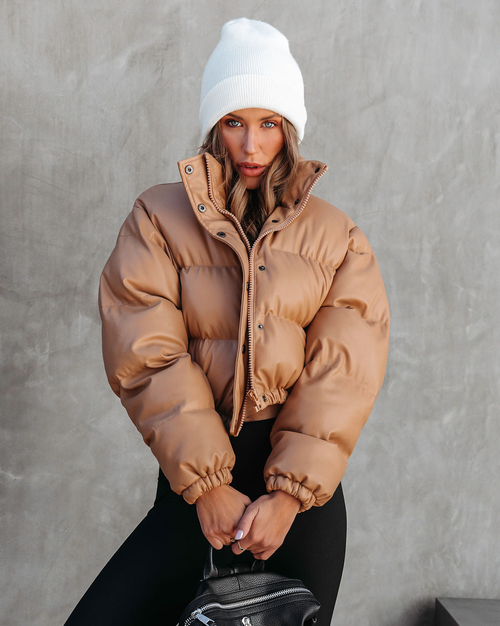 Yorker Faux Leather Pocketed Puff Jacket - Tan