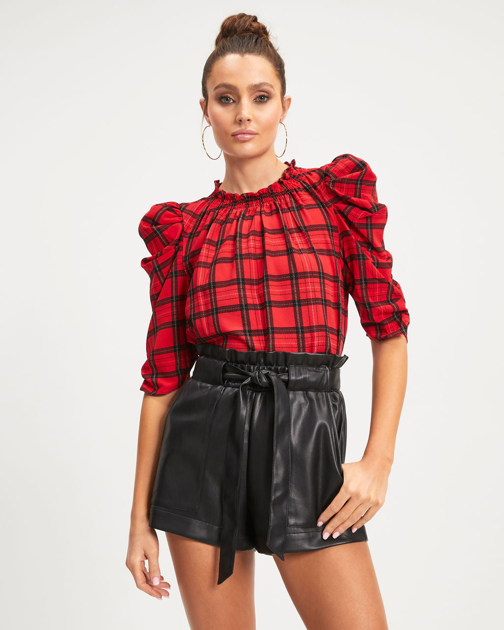 Very Pleased Plaid Puff Sleeve Top