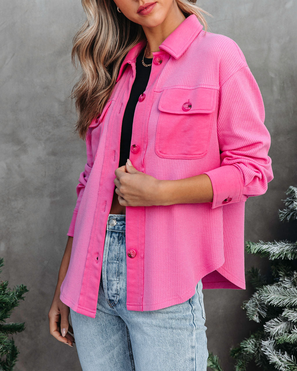 Tiffani Waffle Knit Button Down Top - Pink