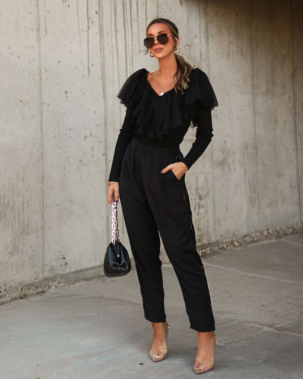 Picture Perfect Glam Ribbed Knit Ruffle Tulle Top - Black