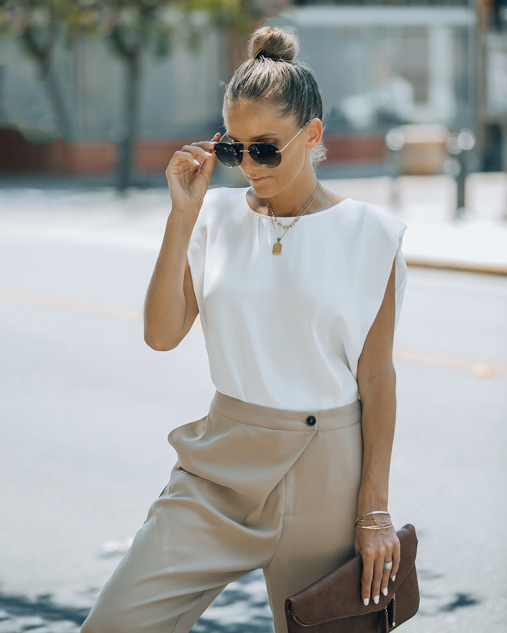 Fancy Gal Satin Padded Shoulder Top - White - SALE