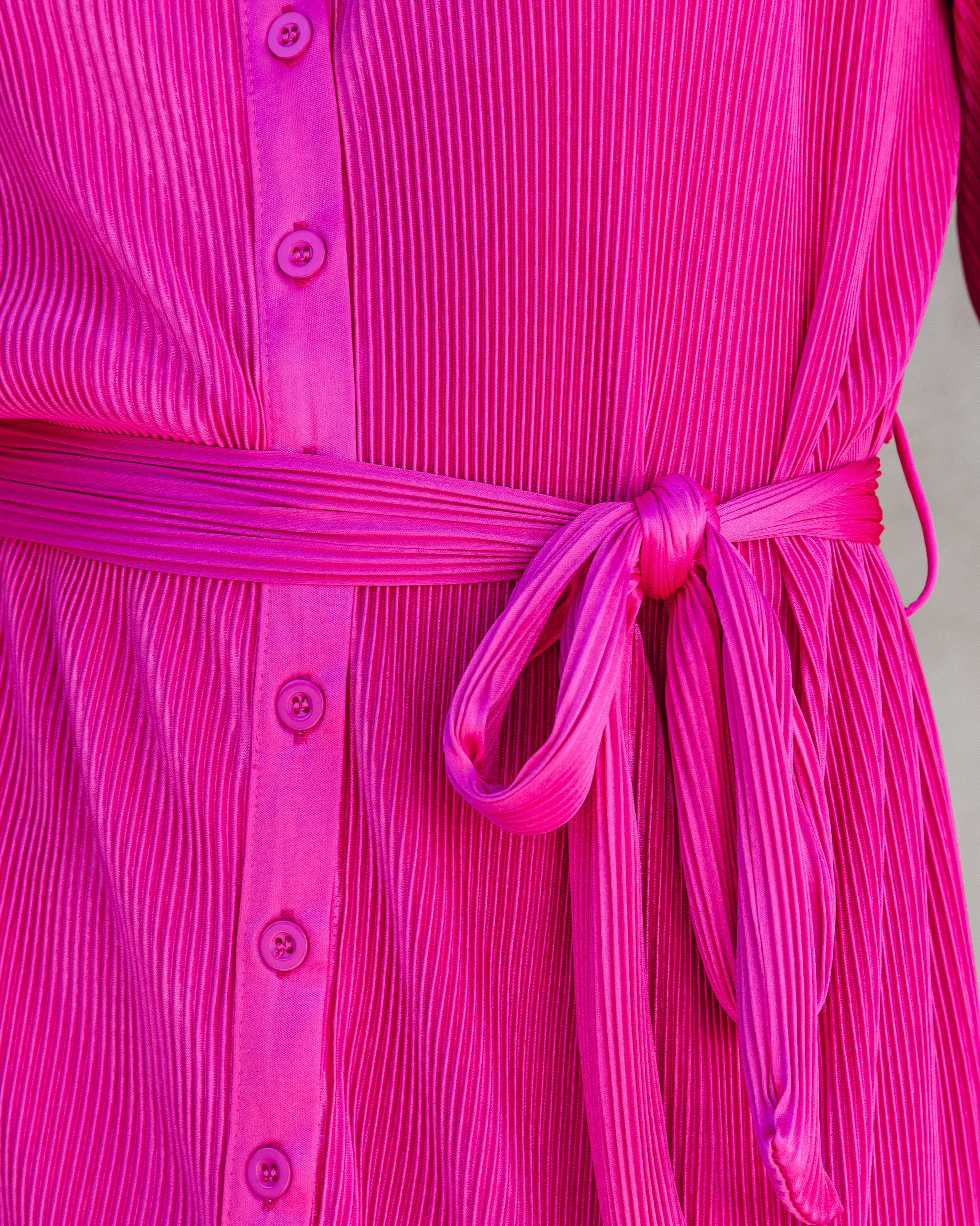 Stellar Vibes Plisse Button Down Shirt Dress - Magenta