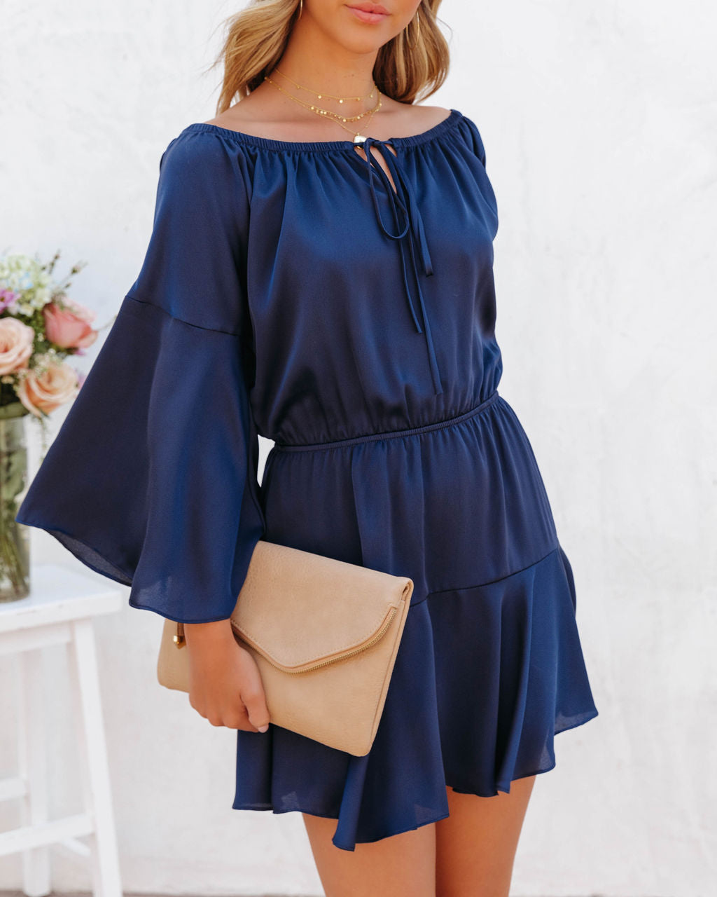 Stassy Satin Off The Shoulder Mini Dress - Navy - FINAL SALE