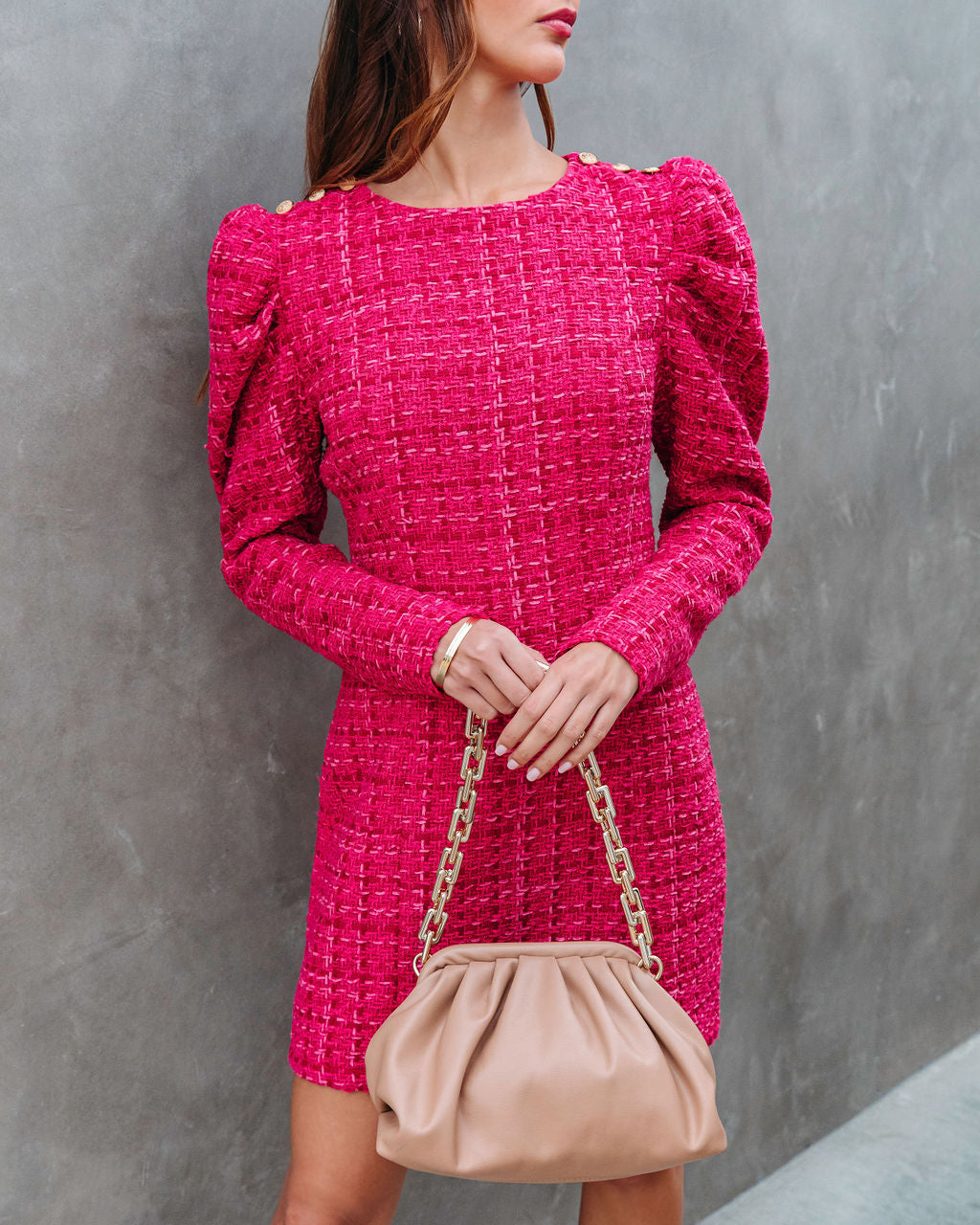 Fancy Afternoon Tea Tweed Mini Dress - Fuchsia