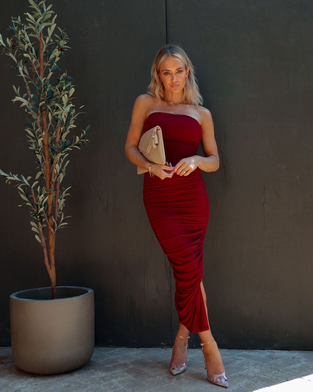 Hey Good Looking Ruched Side Slit Midi Dress - Wine