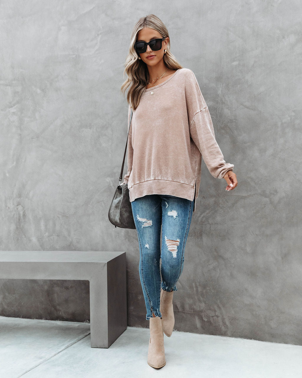 Tahoe Bound Waffle Knit Long Sleeve Top - Light Mocha