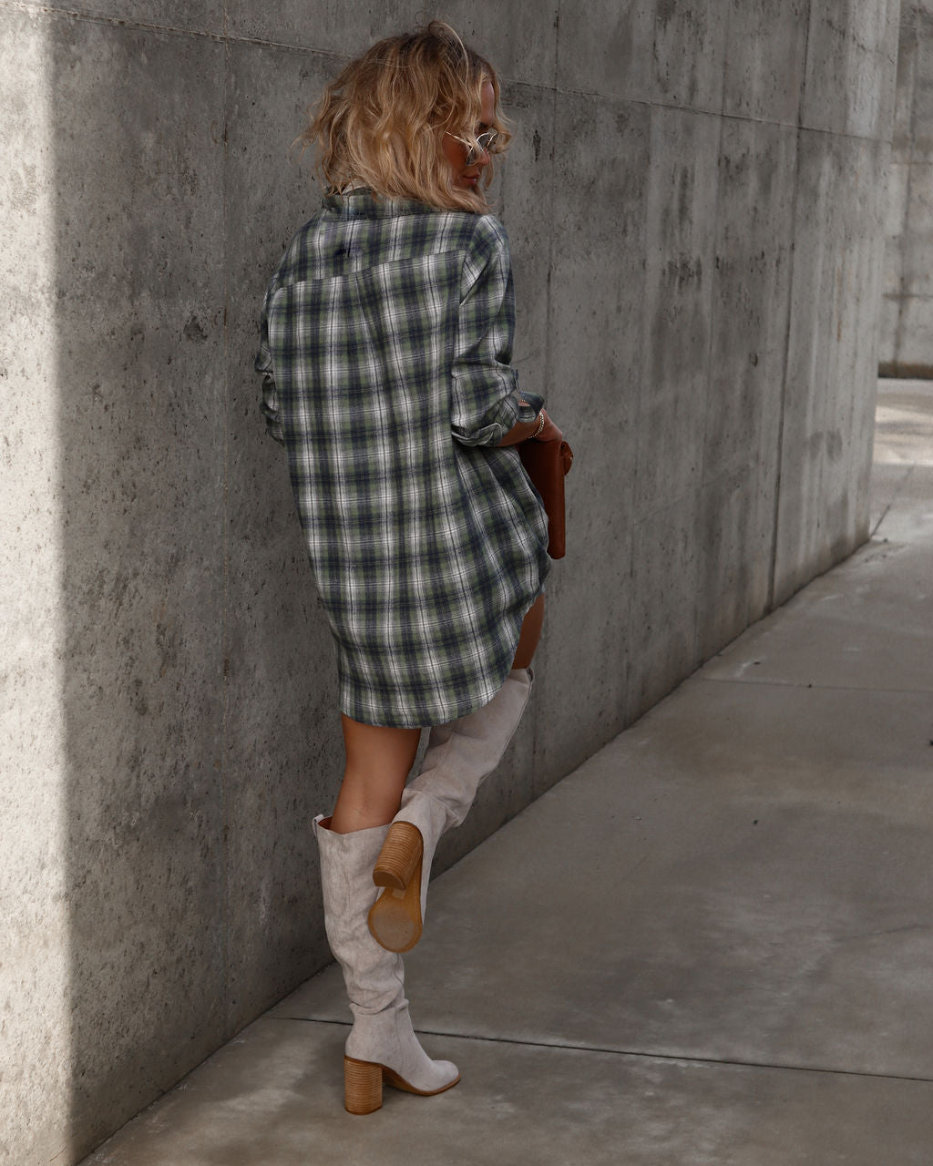 Averie Plaid Pocketed Shirt Dress - Green