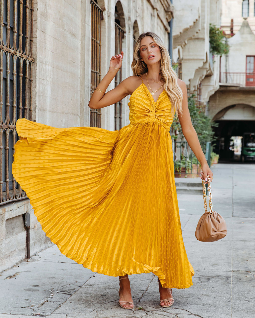 Marilynn Pleated Polka Dot Maxi Dress - Marigold - SALE