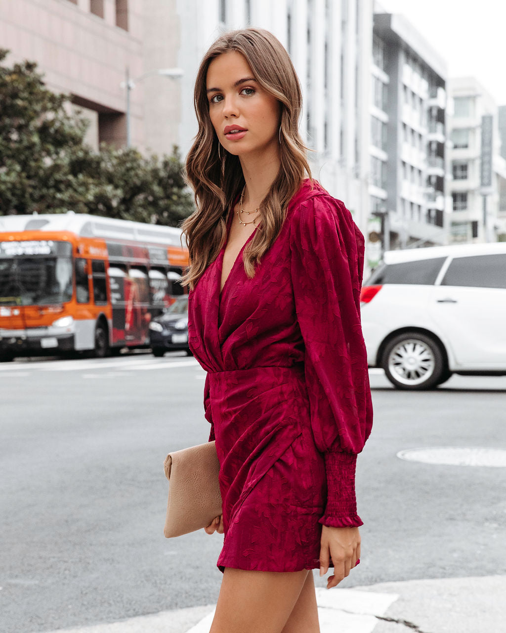 Define The Moment Floral Drape Mini Dress - Wine