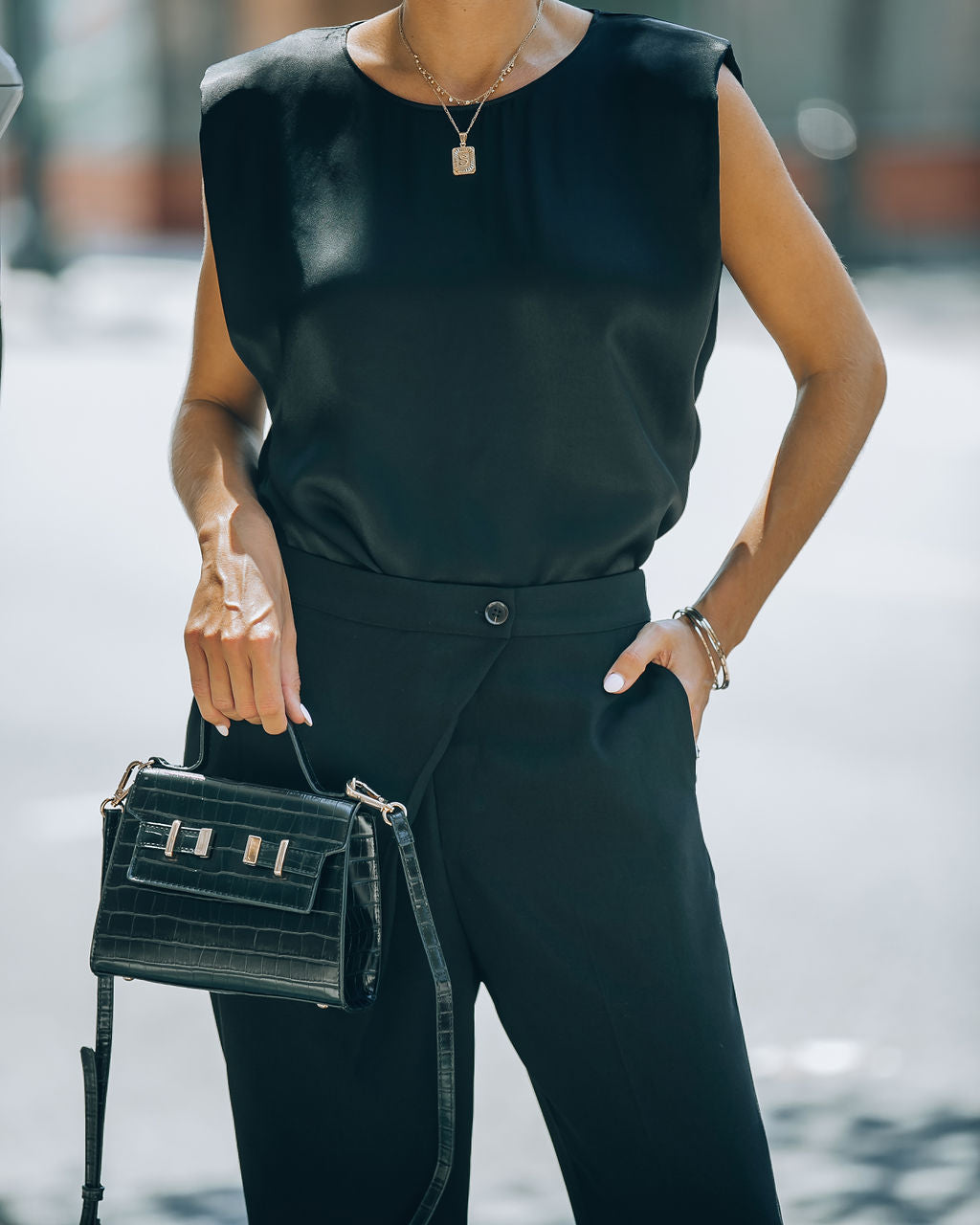 Fancy Gal Satin Padded Shoulder Top - Black - SALE