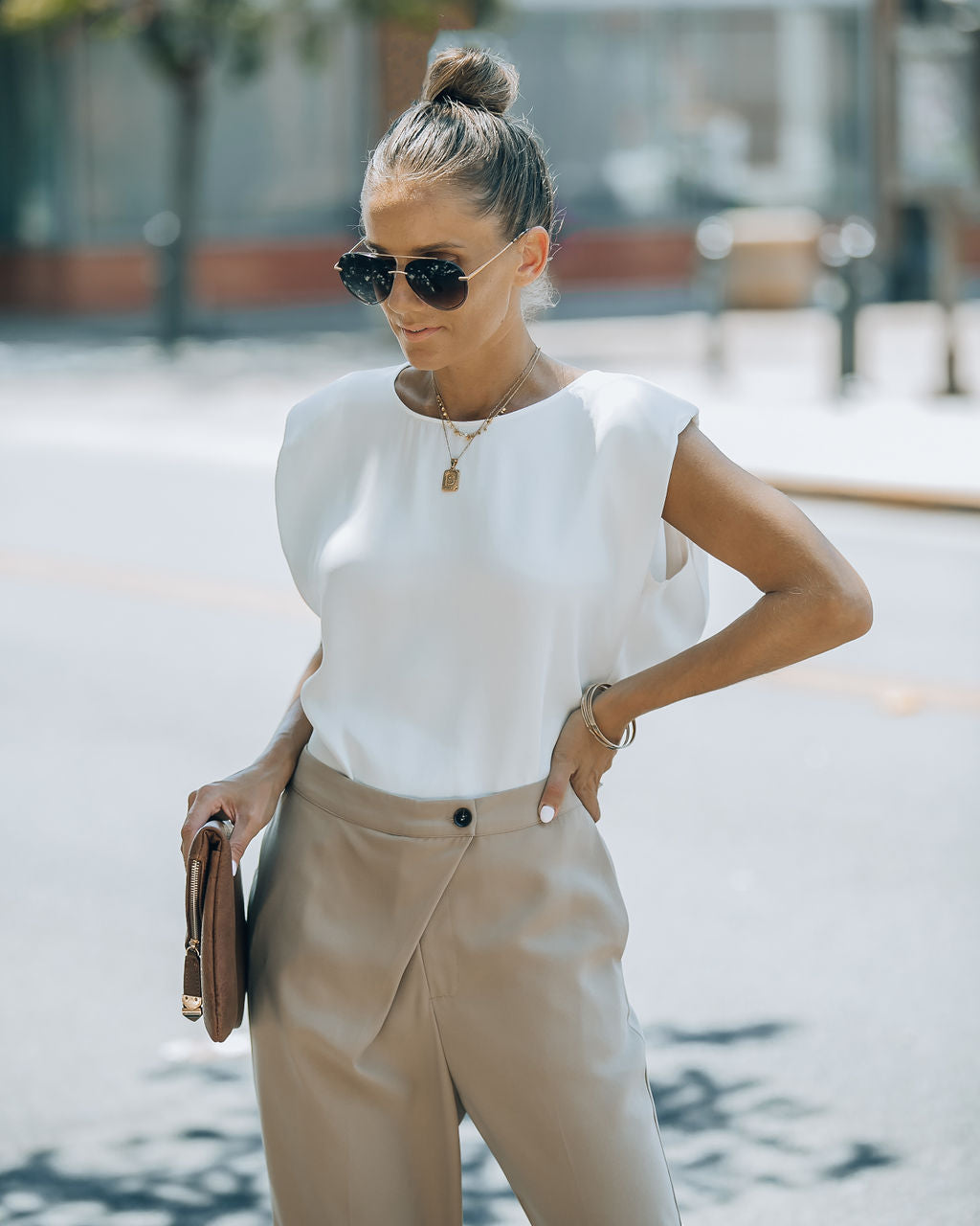 Fancy Gal Satin Padded Shoulder Top - White - SALE