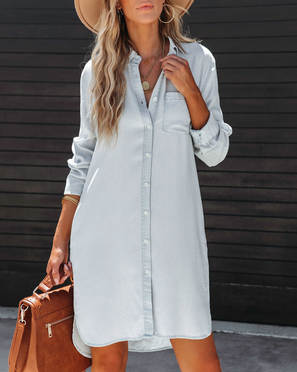 Dominic Chambray Pocketed Button Down Shirt Dress - SALE