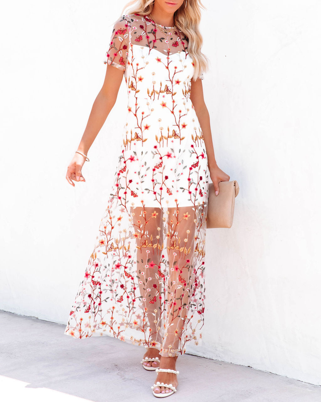 Immeasurable Joy Embroidered Mesh Maxi Dress - White - FINAL SALE