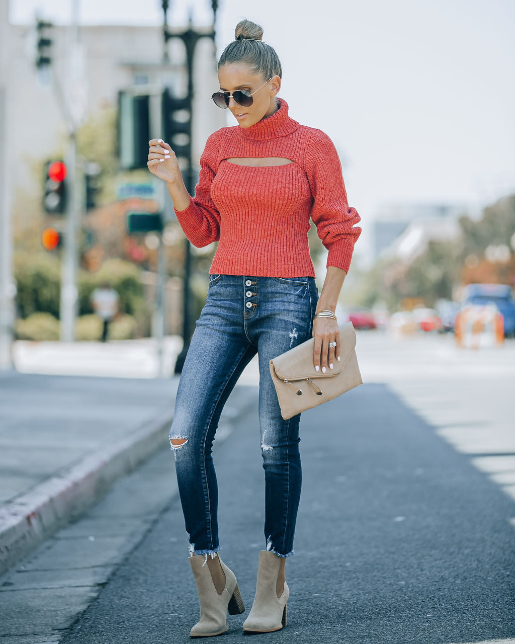 Taking Risks Knit Cutout Turtleneck Sweater - Rust - SALE