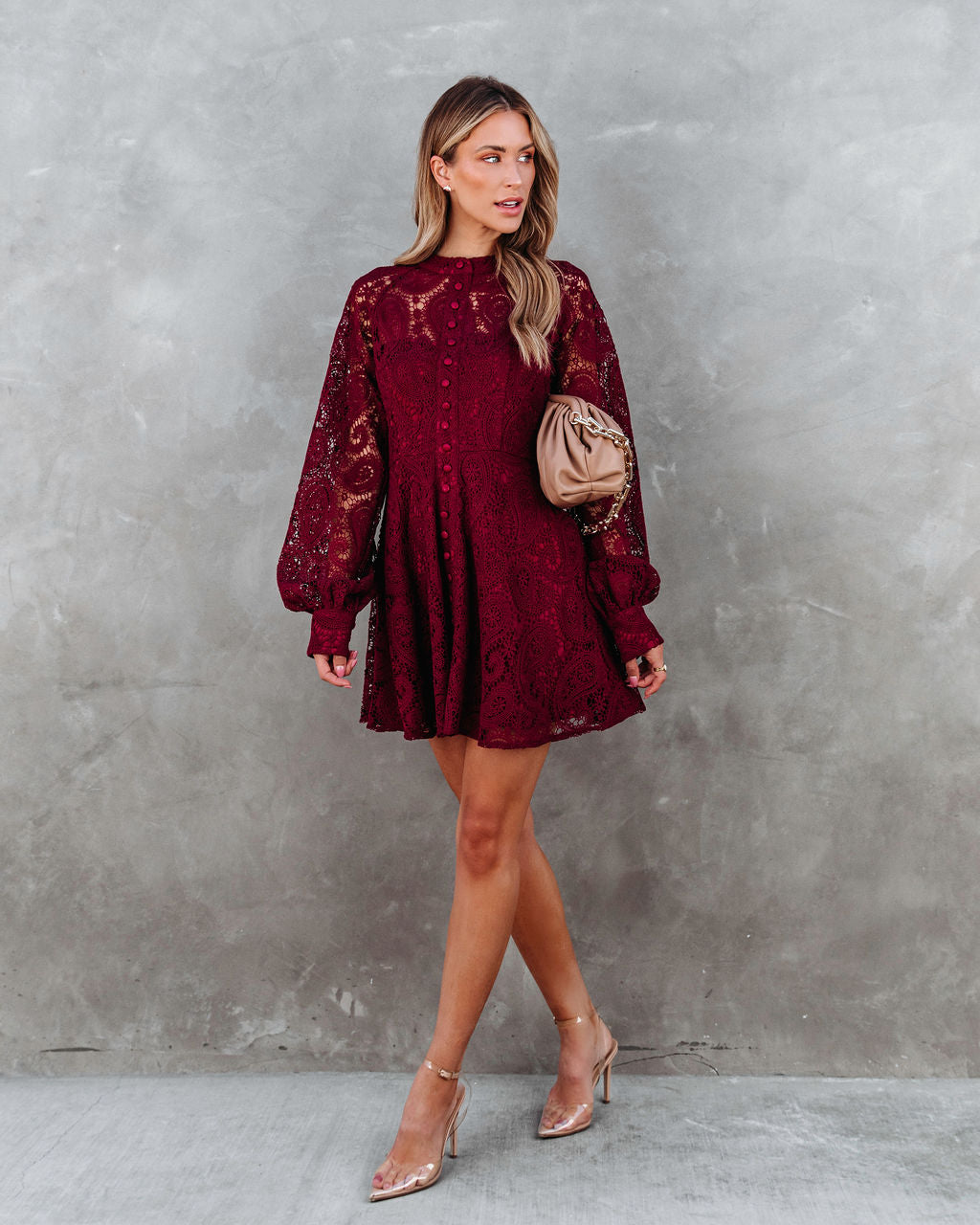 Lila Crochet Lace Mini Dress - Wine - SALE
