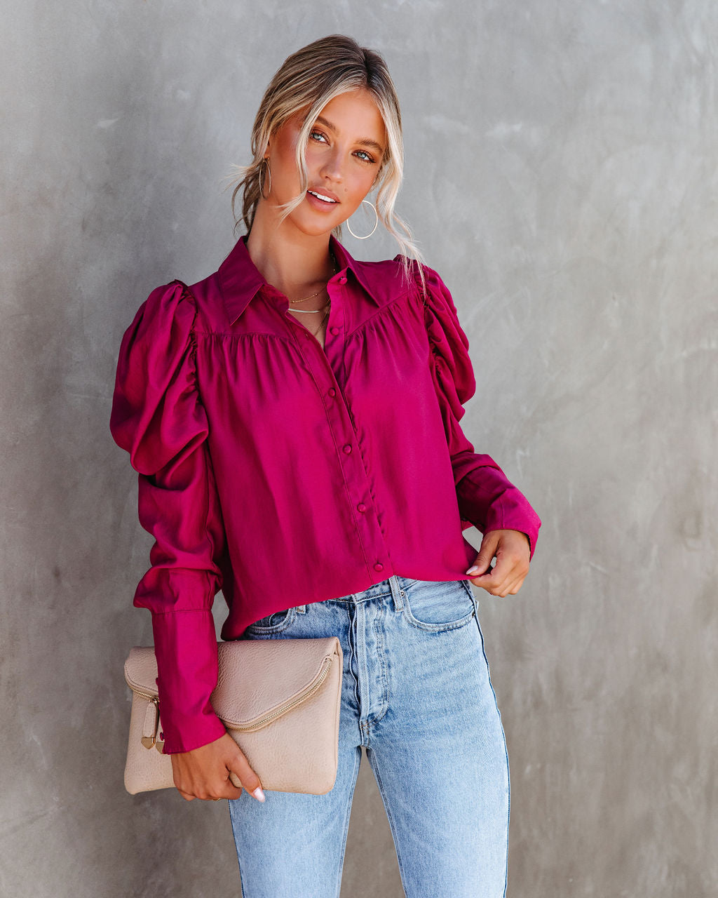 Southern Belle Puff Sleeve Button Down Top - Rose - SALE