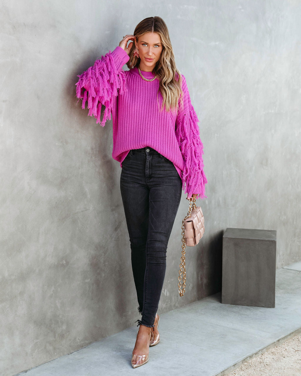 Gabriella Knit Fringe Pullover Sweater- Magenta