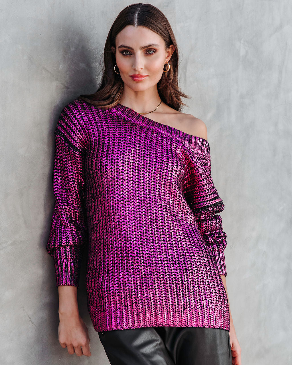 Delightful Cheer Metallic Knit Pullover Sweater - Hot Pink